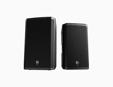 Duas caixas de som ativas Electro-Voice com design preto e grade metálica.