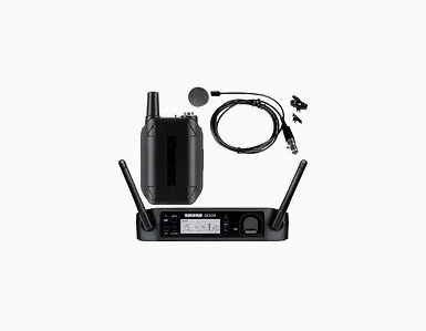 Sistema de microfone sem fio Shure GLXD14BR com transmissor, receptor e microfone de lapela.